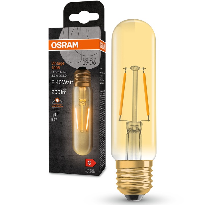 LED крушка OSRAM Vintage Filament Gold (декоративна) тръбна, E27, 2.5W (40W), 200 lm, Топла светлина (2700K), Енергиен клас G