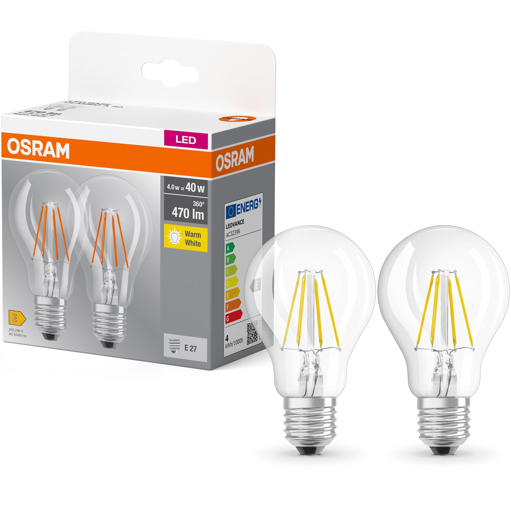 Set 2 becuri LED OSRAM filament E27, 4W (40W), 470 lm, lumina calda (2700K), clasa energetica E
