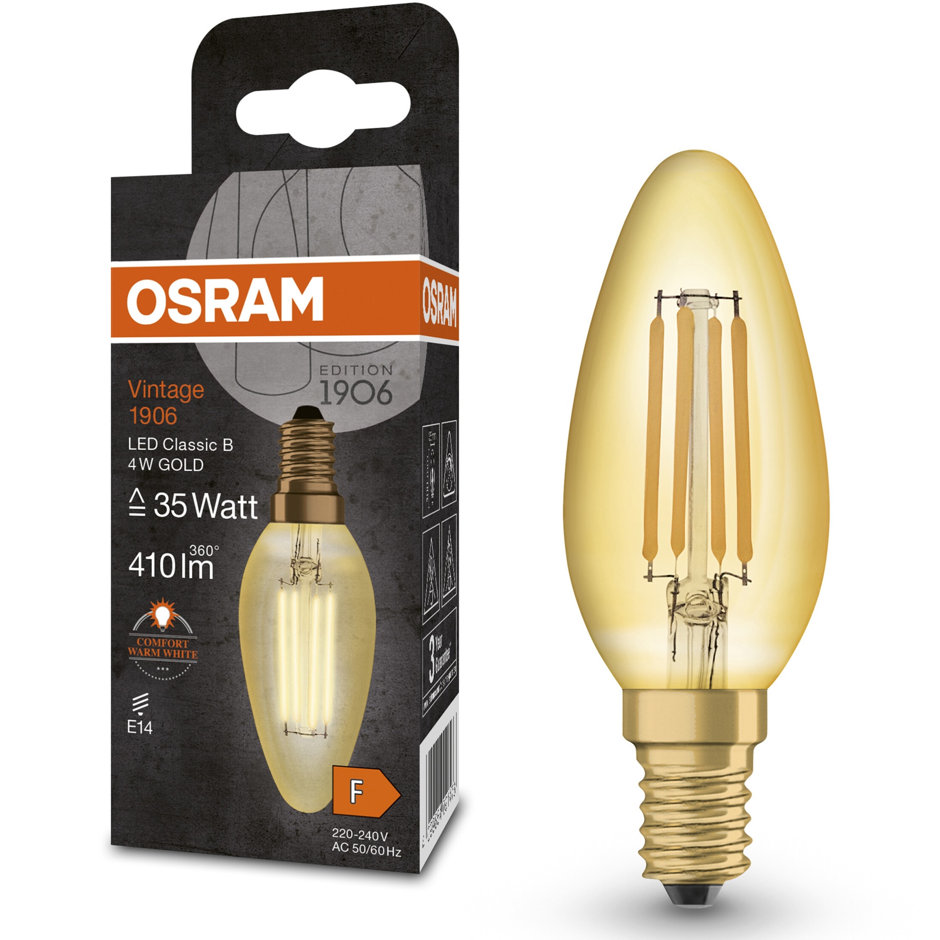 Bec LED OSRAM Vintage Filament Gold (decorativ) lumanare, E14, 4W (35W), 410 lm, lumina calda (2700K), clasa energetica F