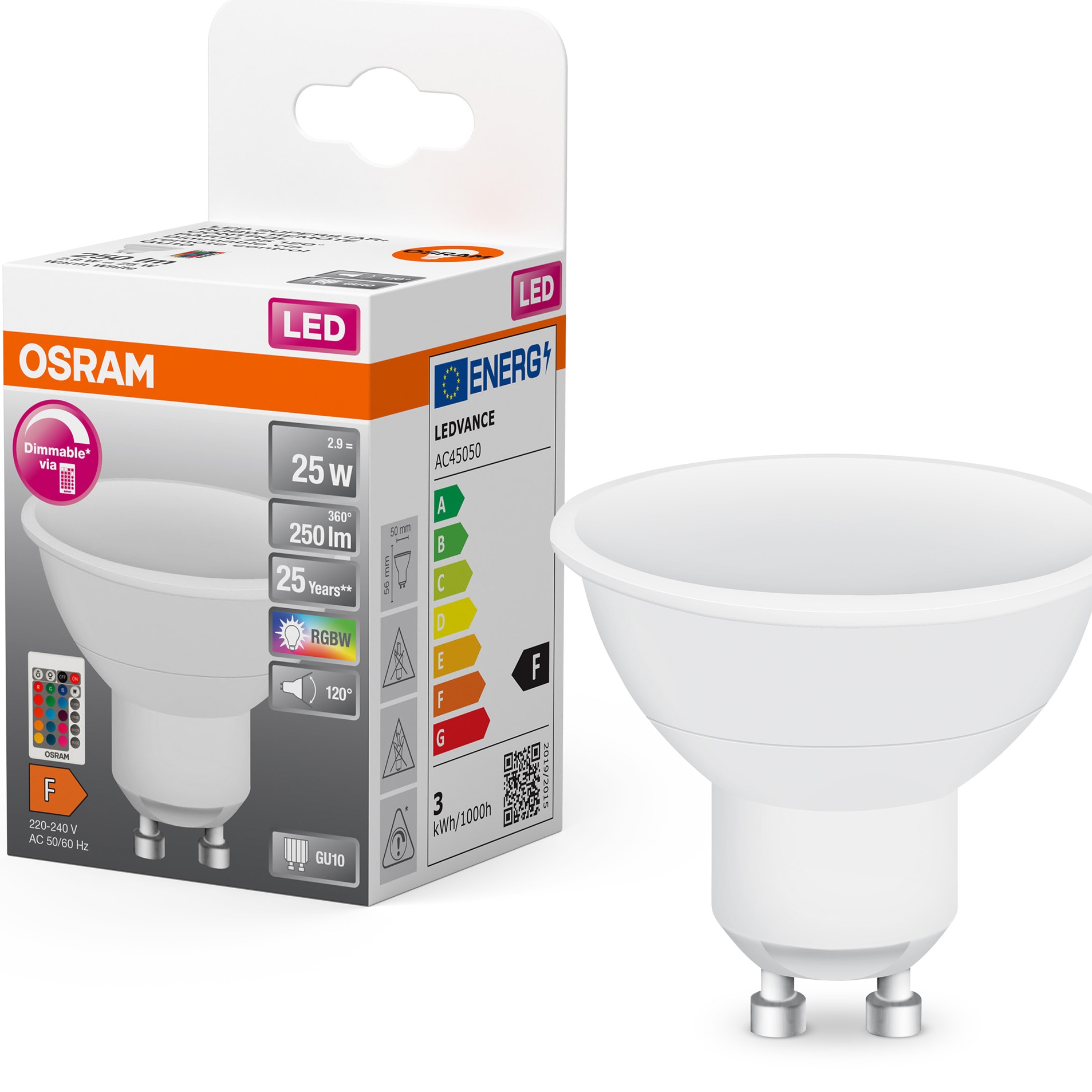 Bec LED OSRAM RGBW GU10, 120°, 2.9W (25), 250 lm, dimabil, lumina calda (2700K), cu telecomanda, clasa energetica F
