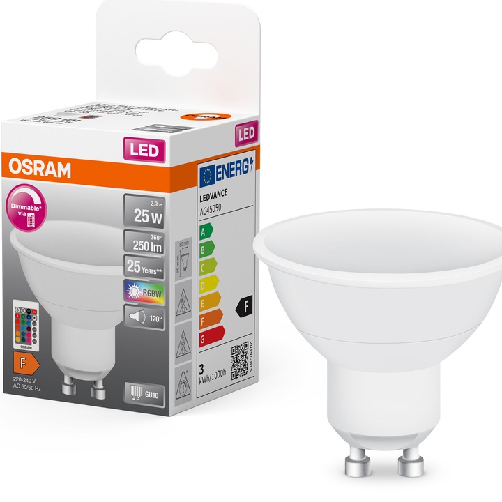 LED крушка OSRAM RGBW GU10, 120°, 2.9W (25), 250 lm, Димируема, Топла светлина (2700K), С дистанционно, Енергиен клас F