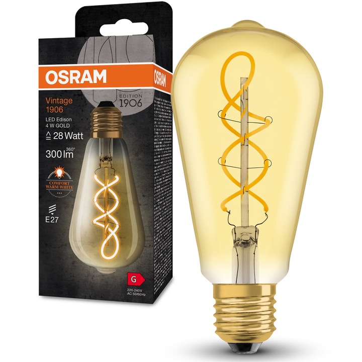 LED крушка OSRAM Vintage Filament Gold (декоративна) E27, 4W (28W), 300 lm, Топла светлина (2700K), Енергиен клас G