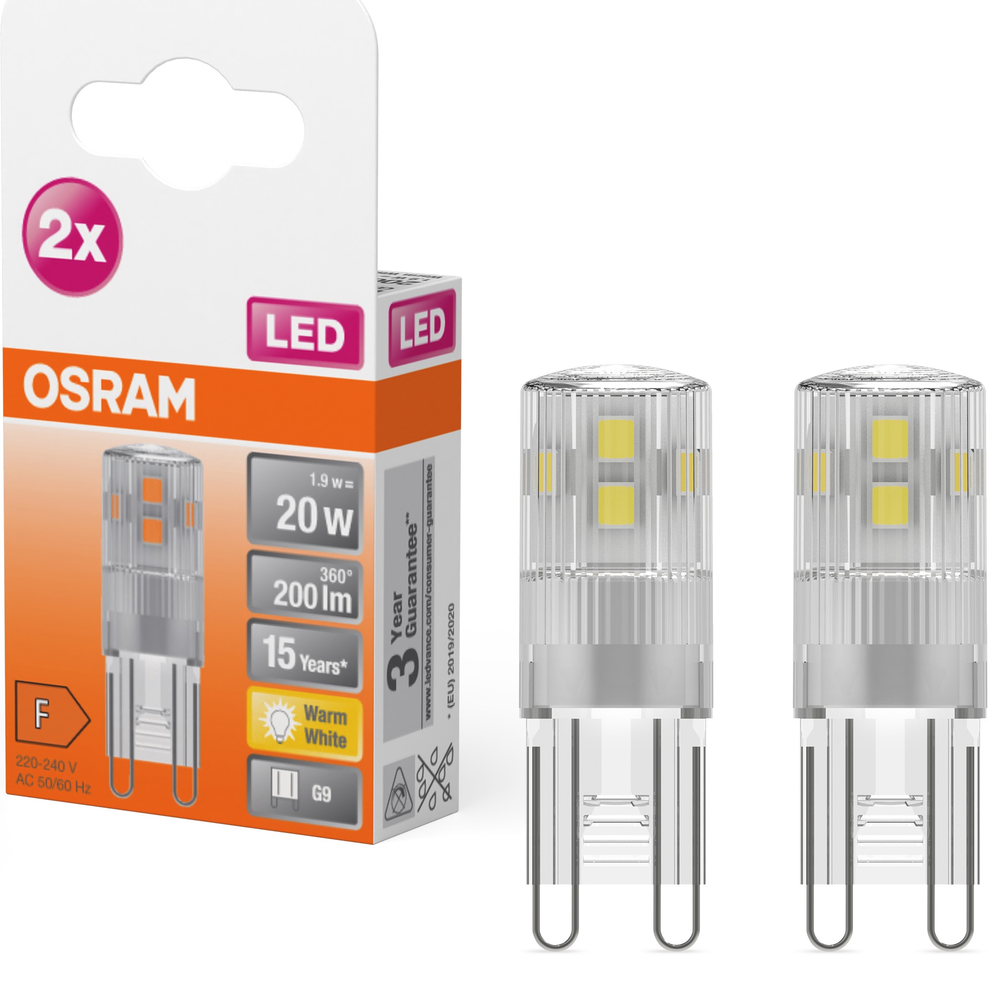 Set 2 becuri OSRAM LED PIN20 G9, 300°, 1.9W (20W), 200 lm, lumina calda (2700K), clasa energetica F