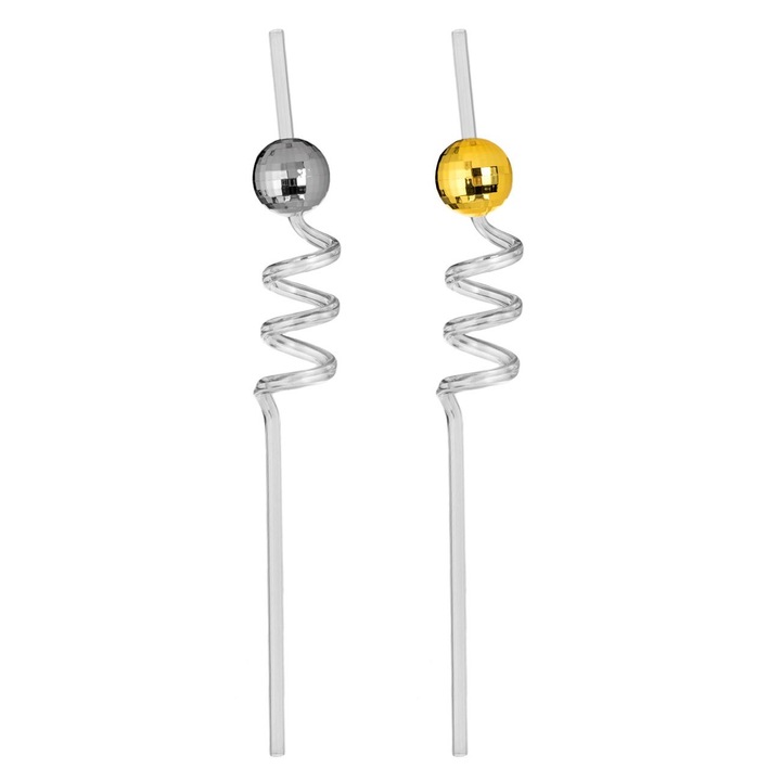 Моден комплект сламки за диско топки за многократна употреба, прозрачна пластмаса, сребро и злато, Ø6x270 mm, 2 части