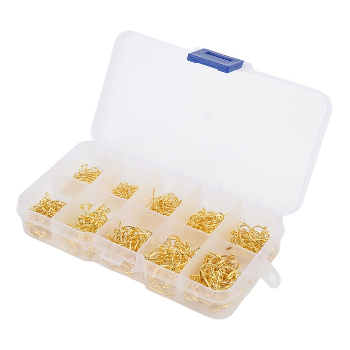 500 db-os szénacél horgászhorog készlet 3-7# 60 db, 8-12# 40 db, arany