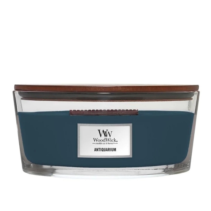 Ароматна свещ WoodWick Antiquarium, 453.6 г, восък, аромати на канела, кардамон, син