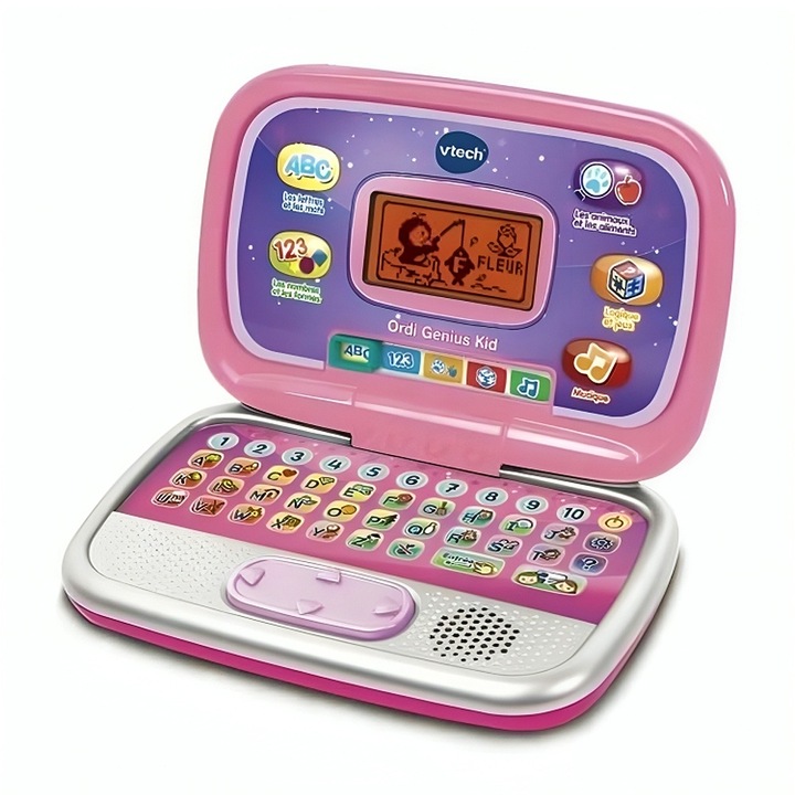 Детски образователен лаптоп Vtech Ordi Genius 1963555 1-138, 30 мелодии, 20 упражнения, Френски език, 33 х 30 х 7.5 см, Розов