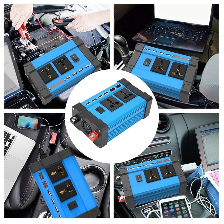 300 W módosított szinuszos inverter Napelemes jármű inverter gyors töltéssel, intelligens kettős LCD kijelzővel, 4 USB porttal 4.2A 12V-ról 230V-ra