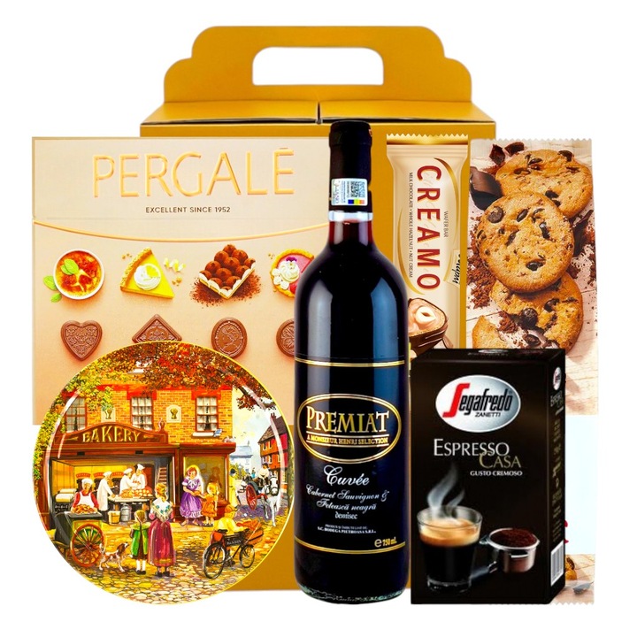 Pachet Cadou Elegant, CADOURI RAFINATE, model Best Choice, cu Vin Rosu Demisec Premiat Cuvee, Fursecuri Daneze cu Unt in Cutie Metalica, Cafea Italia, Praline din Ciocolata si Alte Surprize pentru Ocazii Festive, 7 Articole