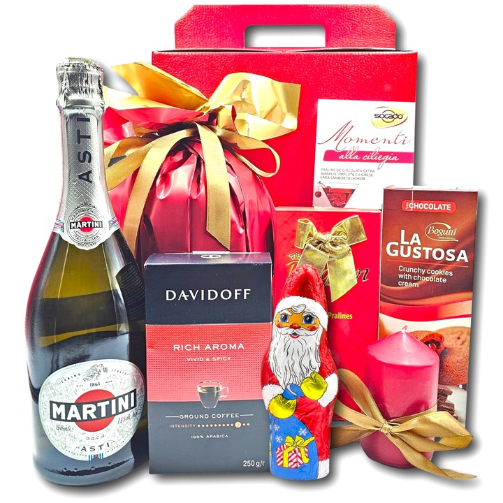 Pachet cadou asortat, CADOURI PREMIUM, model Craciun Fericit, cu spumant Martini, cafea Davidoff, praline The Belgian si Socado, fursecuri Bogutti, panettone ambalat festiv, lumanare decorativa si Mos Craciun de ciocolata, pentru sarbatori de neuitat