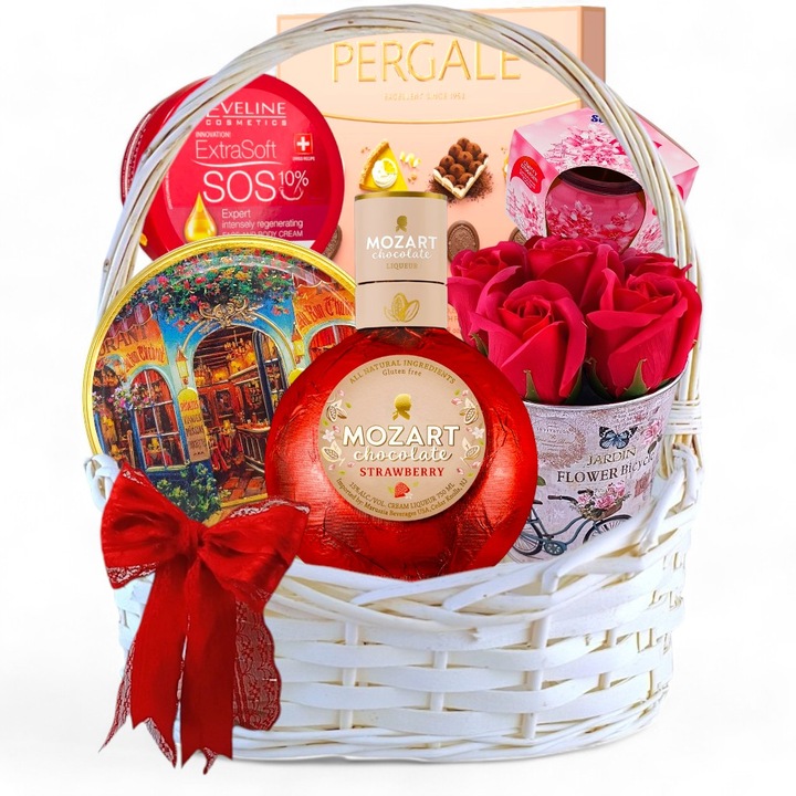 Cos Cadou pentru Doamne Perfect Lady by CADOURI RAFINATE® – Lichior Mozart, Flori Decorative, Crema Hidratanta, Praline Fine, Fursecuri Daneze si Lumanare Parfumata, Ambalaj Festiv