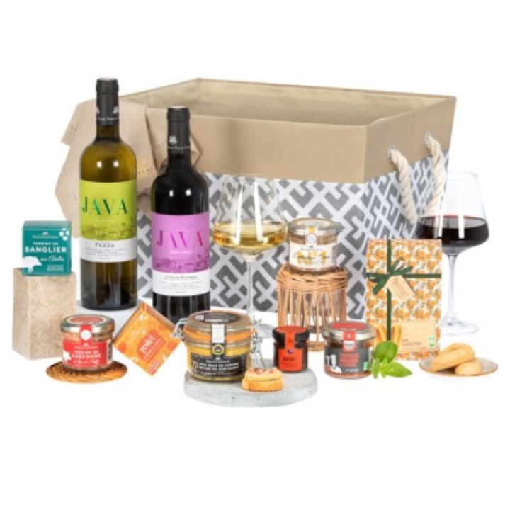 Cos Cadou Dans la prairie cu terine, delicatese, dulciuri si vin din Franta pentru cadou, Ducs de Gascogne, 10 produse