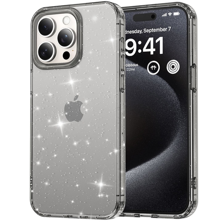 Husa telefon, Axroad Mall, Ultra slim, Ce absoarbe intens socurile, Pentru incarcare wireless, Margini ridicate pentru protectia ecranului si a camerelor, Compatibil iPhone 15Pro max, Plastic, Transparent/Negru
