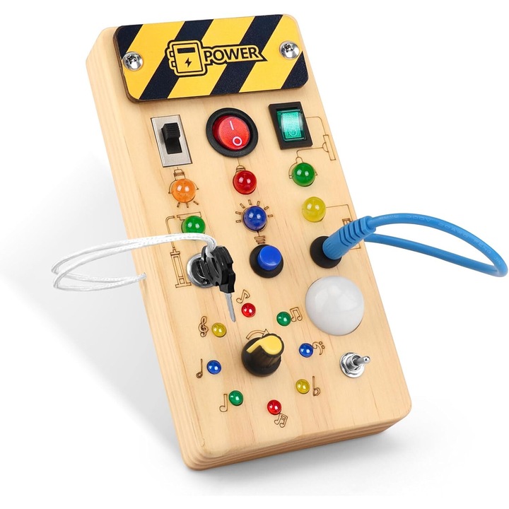 Образователна дъска за деца, 8 превключвателя, 14 светодиода, 1-3 години, дървена
