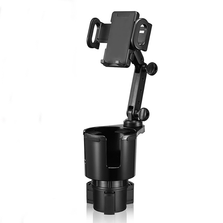 Suport telefon auto 2 in 1 cu expander pentru suport de cana, rotire 360°, compatibil cu smartphone-uri pana la 7", ajustabil