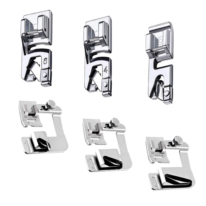 Set 6 Piciorus de cusut tiv rulat, Axroad Mall, 4/8" (13mm), 6/8" (19mm), 8/8" (25mm), 3/4/6mm, Usor de instalat, Pentru masini de cusut casnice, Argintiu