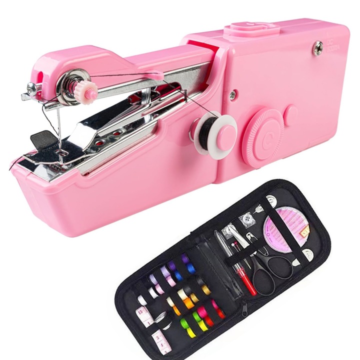 Мини преносима шевна машина, Axroad Mall, с аксесоари, работи на батерии, лесна за използване, съвместима с много видове текстилни материали, за начинаещи и професионалисти, 21 x 7 x 3,5 cm, пластмаса, розова