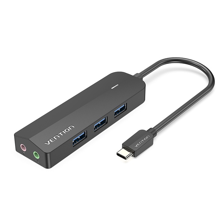 Хъб USB-C 6 в 1, VENTION, USB 3.0 x 3/3.5 mm (аудио)/3.5 mm (микрофон)/Micro-B, 5Gbps, черен