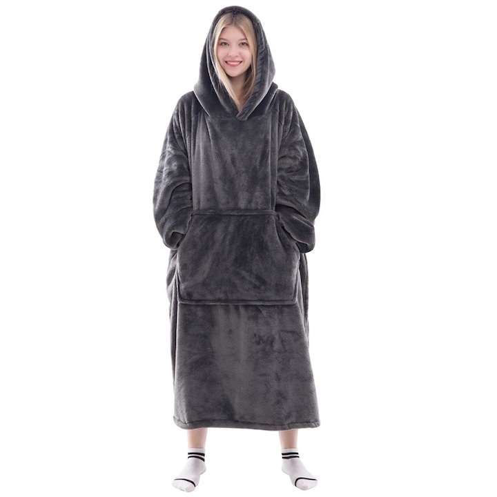 Hanorac cu patura purtabila, Hanorac cu gluga cu patura urias unisex, calduroasa si confortabila, patura groasa de flanel cu maneci si buzunare cargo - gri inchis