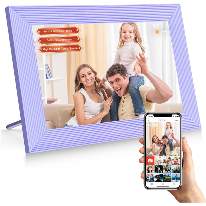 Цифрова фоторамка VINTOP®, 10.1 инча, приложение Frameo, Android 11, вътрешна памет 32GB, сензорен екран 800X1020 HD IPS, USB слот, SD карта, високоговорител 2x2W, снимки/видео, виолетов