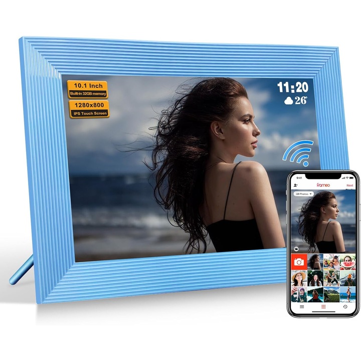 Цифрова фоторамка VINTOP®, 10.1 инча, приложение Frameo, Android 11, вътрешна памет 32GB, сензорен екран 800X1020 HD IPS, USB слот, SD карта, високоговорител 2x2W, снимки/видео, син