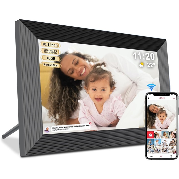 Цифрова фоторамка VINTOP®, приложение Frameo, 10,1 инча, вътрешна памет 32GB, сензорен екран 800X1020 HD IPS, USB слот, SD карта, високоговорител 2x2W, снимки/видео, черен
