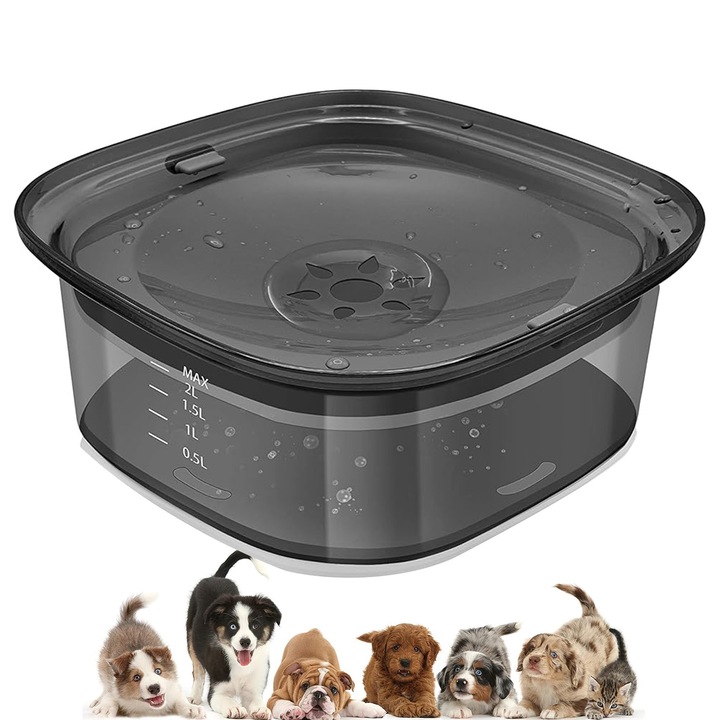 Bol de Apa pentru caini Anti-Varsare, BYONDSELF®, cu Capac Silicon pentru Conserve de Mancare pentru Animale de Companie, ABS, Capacitate 2L, Antiderapant, 21.3 x 21.3 x 9.5 cm, Negru/Gri