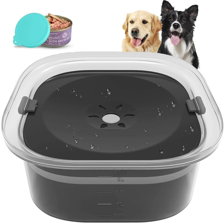 Диспенсър за вода, BYONDSELF®, със силиконов контейнер за храна за домашни любимци, ABS, голям капацитет, 2 л, неплъзгащ се, 21,3 x 21,3 x 9,5 cm, черен
