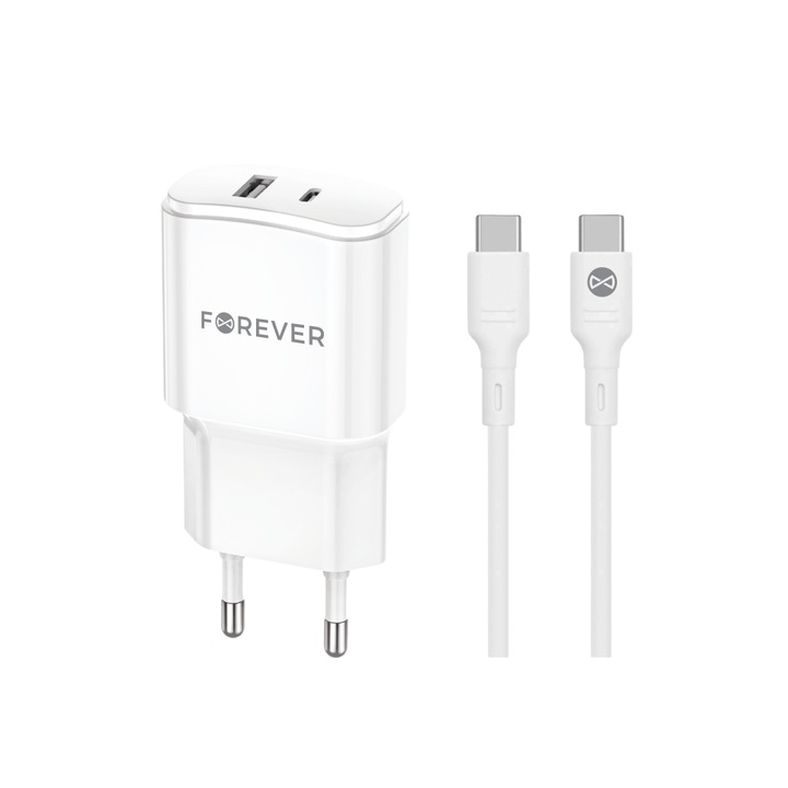 Forever Tc-01-20ac Pd Qc Incarcator 1x Usb-c 1x Usb 20w Alb + Cablu Usb-c - Usb-c 20w