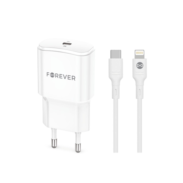 Forever Tc-01-20c Pd Qc Incarcator 1x Usb-c 20w Alb + Cablu Usb-c - Lightning 20w