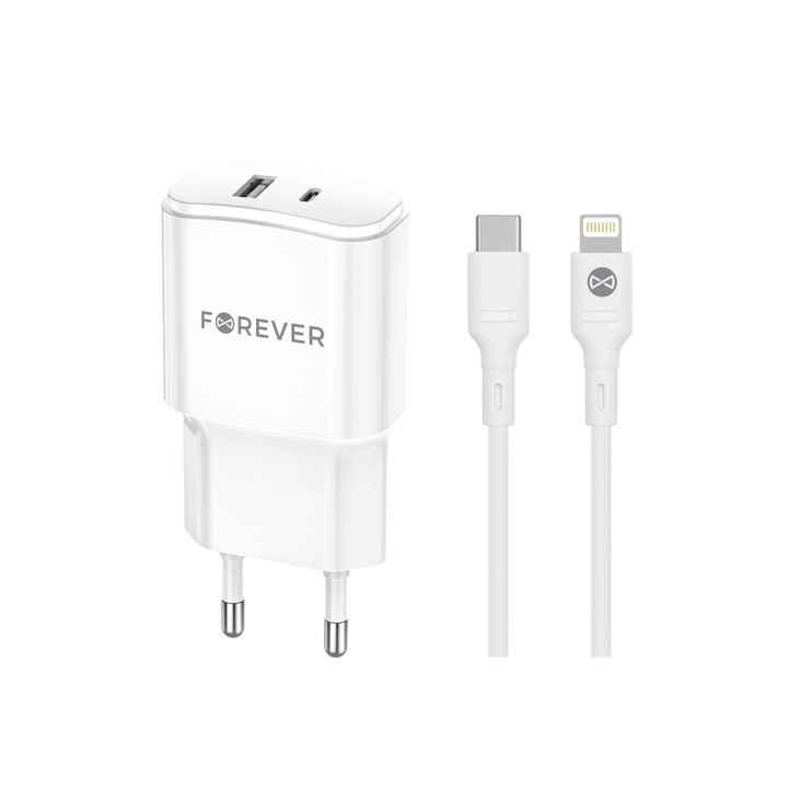 Forever Tc-01-20ac Pd Qc Incarcator 1x Usb-c 1x Usb 20w Alb + Cablu Usb-c - Lightning 20w