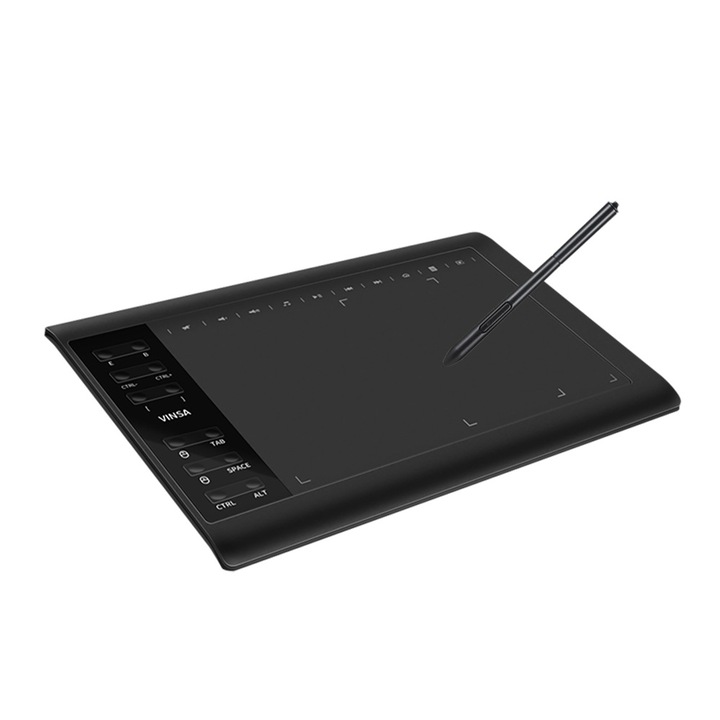 Rajztábla, 10x6 hüvelykes, nagy felbontású 5080 lpi, nagy sebességű felismerés, kompakt és hordozható, nyomásérzékeny toll, gyorsgomb, USB port, fekete