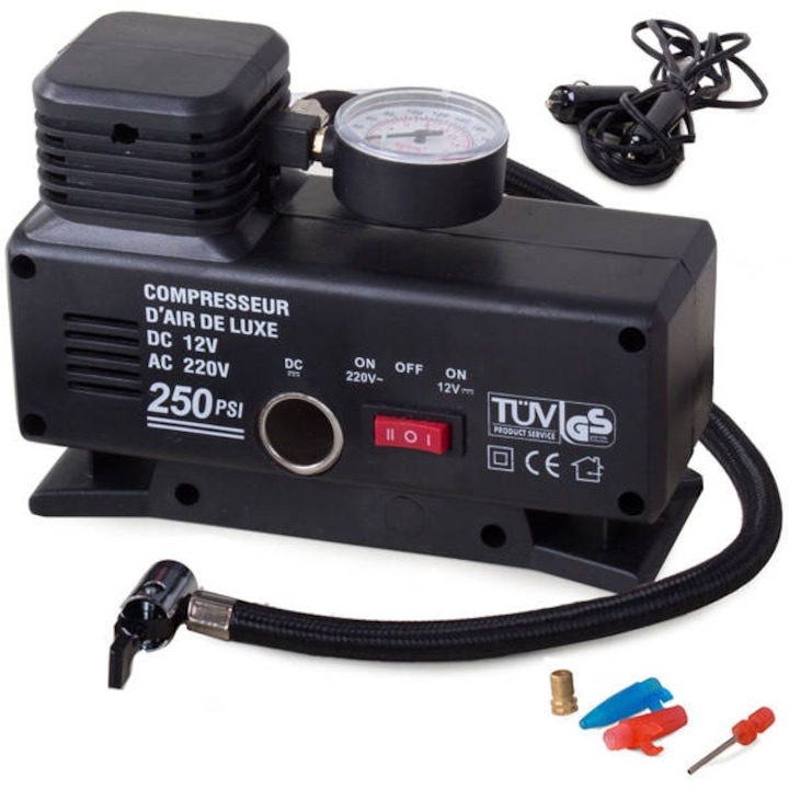 Автомобилен компресор VarioShop®, 12v/220V, 17 бара, с индикатор за налягане, Идеален за помпане на джанти, топки, матраци, Надеждна конструкция, издръжлив и лесен за използване, Черен