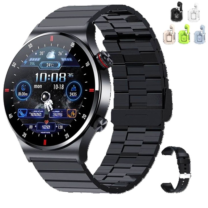 Smartwatch / Bratara fitness, Ecran Amoled 1.28 inch, Monitorizare Sanatate, Rezistent la Apa IP68, Apeluri Bluetooth, Autonomie 10 Zile, Senzori monitorizare activitate sportiva + Casti VivaClear wireless CADOU