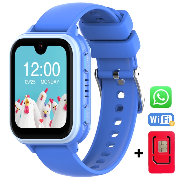 Gyermek GPS-okosóra helymeghatározással és telefonnal Techone™ GuardianKid KT33 Pro, WhatsApp, 1,8 hüvelykes Super AMOLED, 4G LTE, videohívás, HD kamera, Wi-Fi, IP67 vízálló, telefon, vészhívás, kémeszköz figyelés, pulzusszám és oxigén, kék