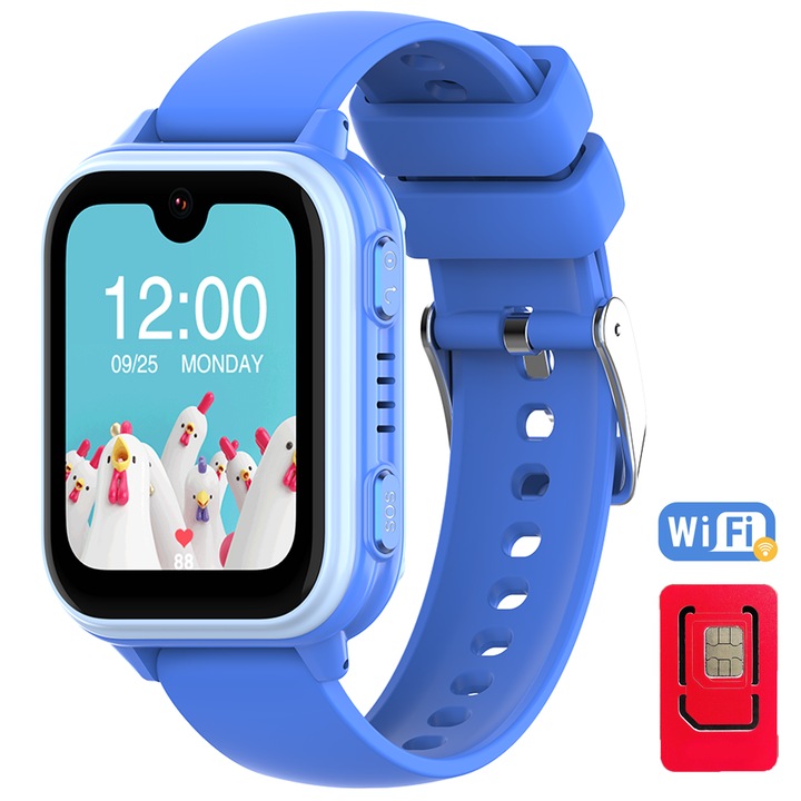 Techone™ GuardianKid KT33 Kids okosóra, GPS helymeghatározással és telefonnal, WhatsApp, 1,8" Super AMOLED, 4G LTE, videohívás, HD kamera, Wi-Fi, vízálló IP67, telefon, SOS, kémfigyelés, pulzusszám és oxigén, kék