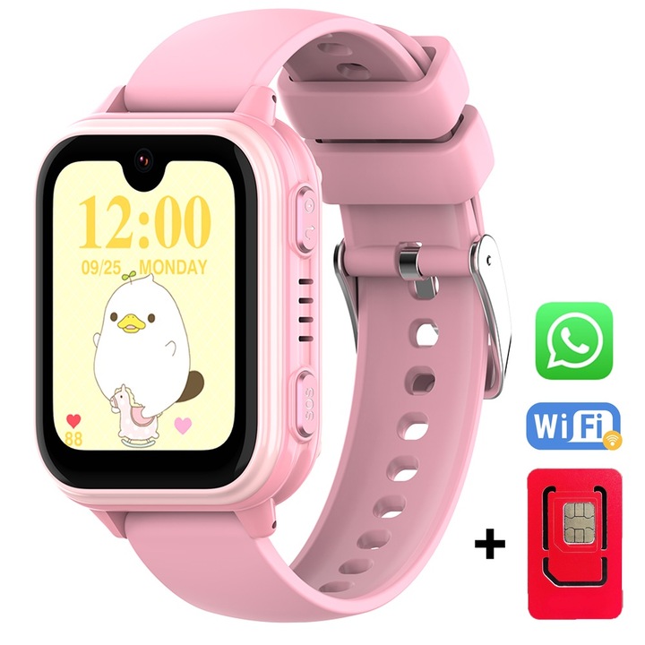 GPS Smartwatch с местоположение и телефон Techone GuardianKid KT33 Pro Kids, WhatsApp, 1,8 инча Super AMOLED, 4G LTE, видео разговори, HD камера, Wi-Fi, водоустойчив IP67, телефон, SOS, шпионски мониторинг, сърдечен ритъм и кислород, розов