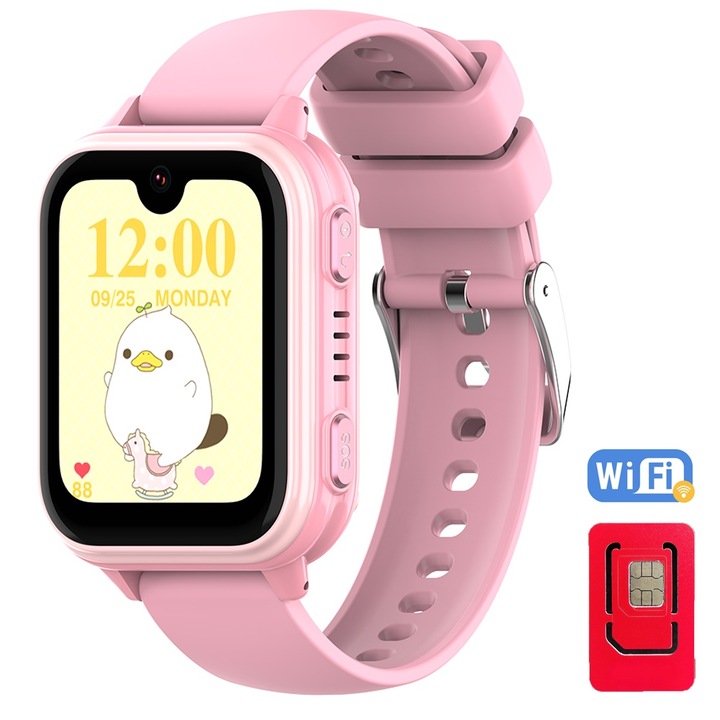 Techone™ GuardianKid KT33 Детски GPS смарт часовник с местоположение и телефон, WhatsApp, 1,8 инча Super AMOLED, 4G LTE, видео разговори, HD камера, Wi-Fi, водоустойчив IP67, телефон, SOS, шпионски мониторинг, сърдечен ритъм и кислород, розов