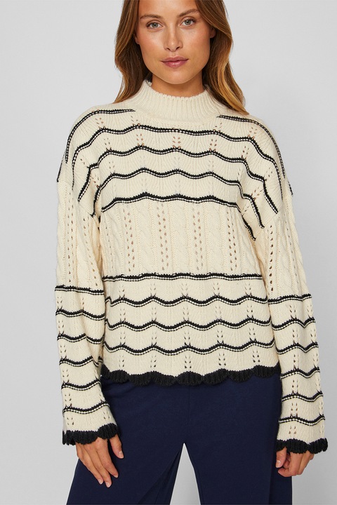 Vila, Pulover cu model in dungi si maneci cazute, Negru/Crem