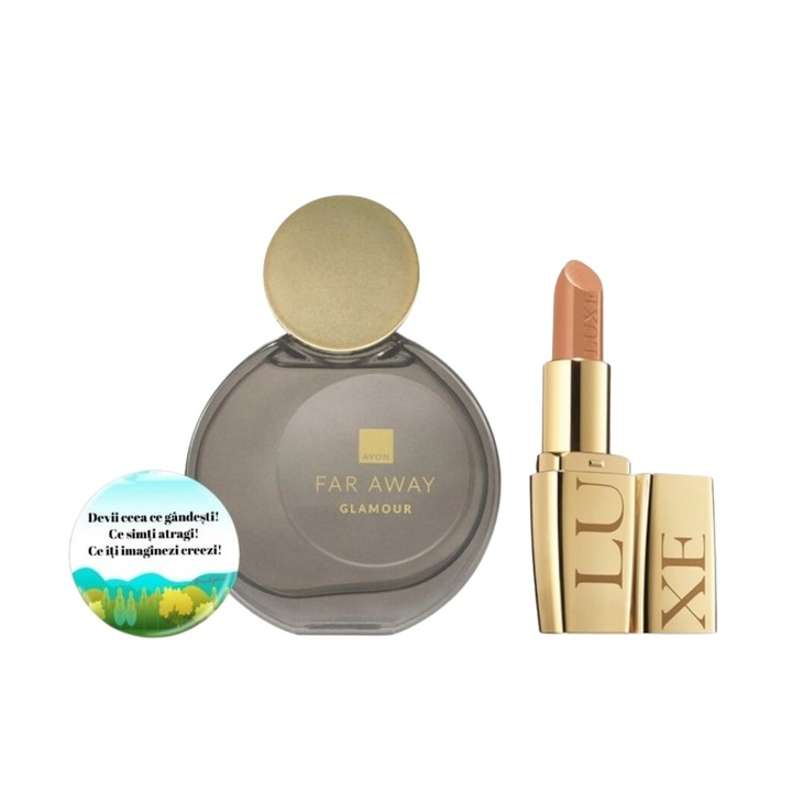Set pentru dama, apa de parfum Far Away Glamour 50 ml, Ruj Avon Luxe Lustering Nude si insigna Dactylion cu mesaj motivational