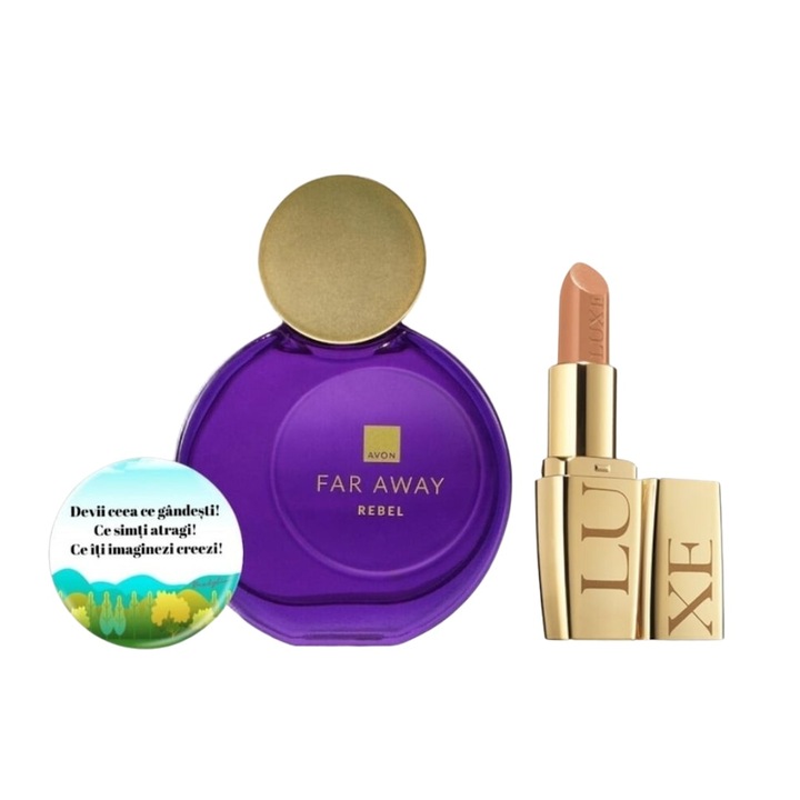 Set pentru dama, apa de parfum Far Away Rebel 50 ml, Ruj Avon Luxe Lustering Nude si insigna Dactylion cu mesaj motivational