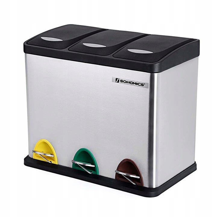 SONGMICS Cos de gunoi din inox cu 3 compartimente colectare selectiva, cu galeti interioare, 3x8litri, argintiu si negru