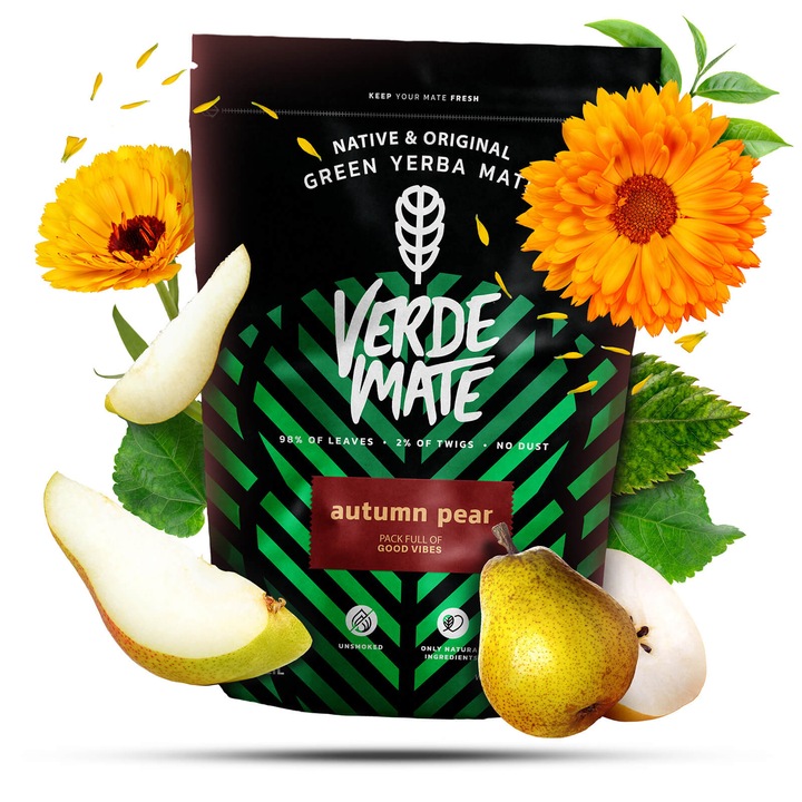 Yerba Mate Tea, Verde Mate Autumn Pear, Gyümölcsös, Levegőn Szárított, Enyhe, Kezdőknek is Alkalmas, Körte, 500g