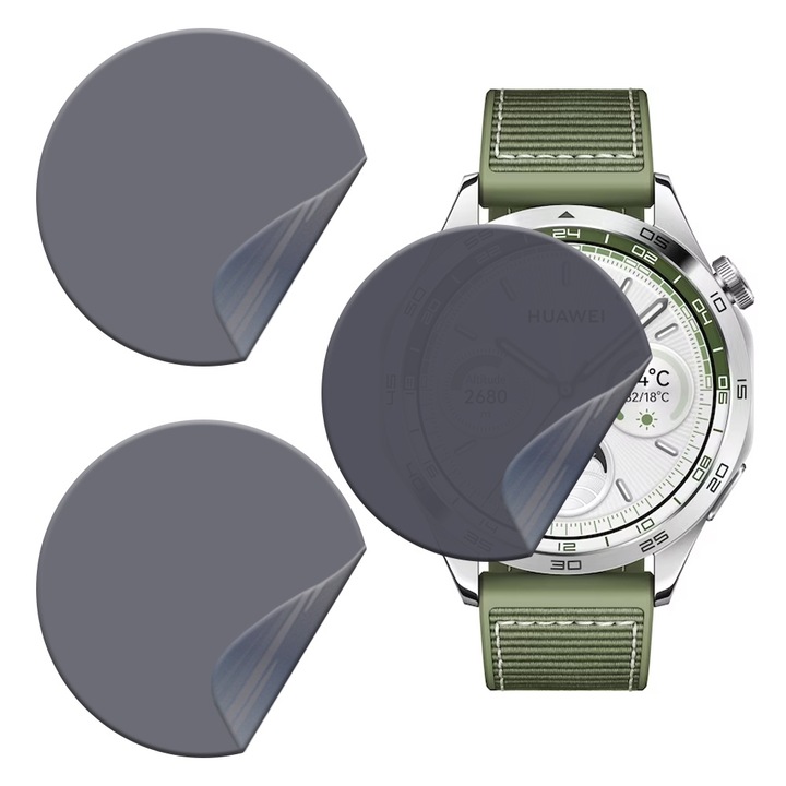 Set 3 x Folie de Protectie Privacy pentru Huawei Watch GT 4 (46mm), Silicon Hydrogel Regenerabil, Flexible Hydro-Crystal, Instalare Usoara, Optim Full Protection, Negru