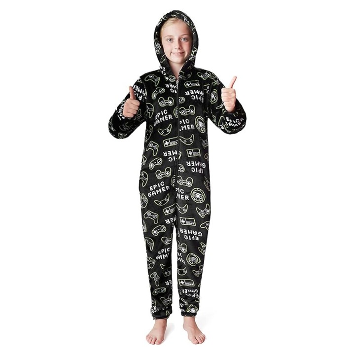Pijama tip Salopeta CityComfort, Onesie unisex, din Fleece, moale, cu tematica de jocuri, potrivit pentru 13/14 ani, negru