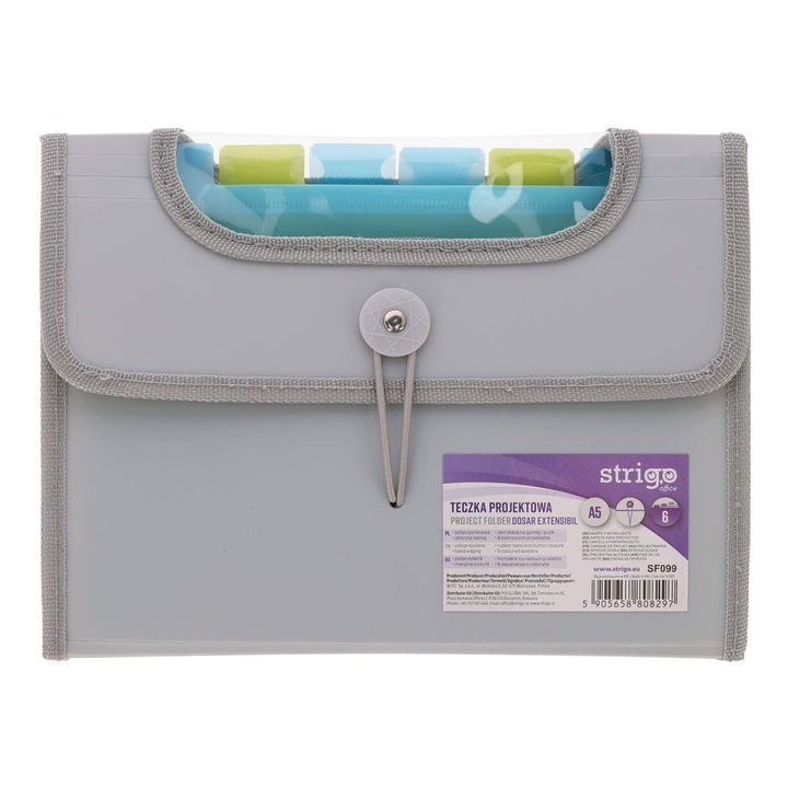Конферентна папка Strigo, Разширяема пластмаса, A5, 6 отделения, Сива