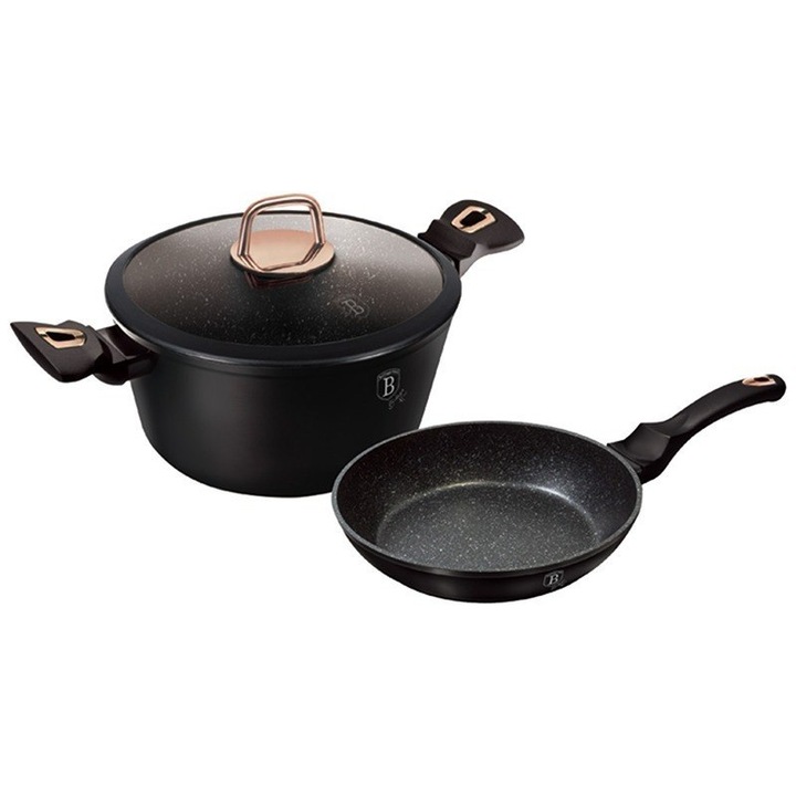 Fazék készlet fedővel + serpenyő, BerlingerHaus, alumínium/titán, 24cm, 1,7L/4,1L, fekete/rózsa arany