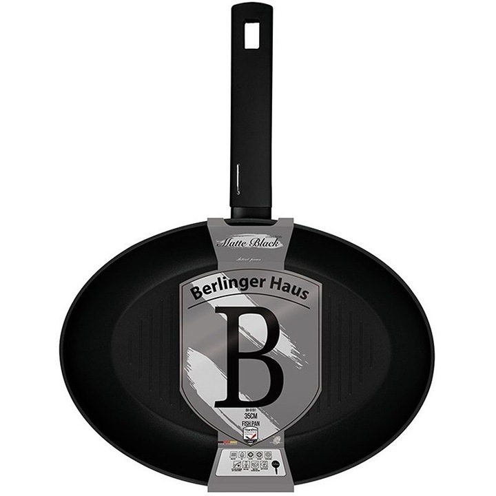 Tigaie pentru peste, BerlingerHaus, Aluminiu forjat, 35 x 25 x 4.5 cm, 3 Straturi titanPro, Negru
