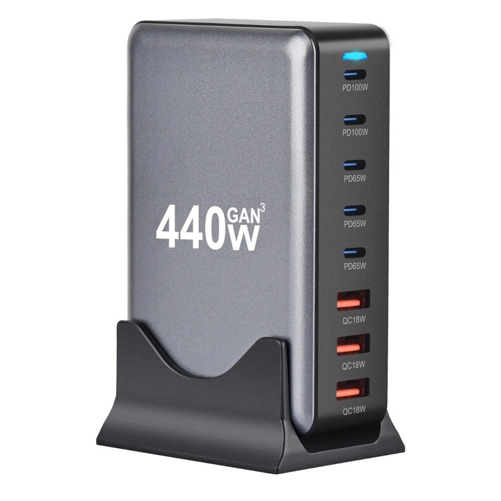 Statie de Incarcare Rapida 440W GaN III 8-in-1 QUANDES®, 5 USB-C & 3 USB-A, PD 100W, Compatibila cu Laptop, MacBook, iPhone 16/15/14/13/12 Galaxy S24/S23 si Multe Alte Dispozitive Android, Portabila