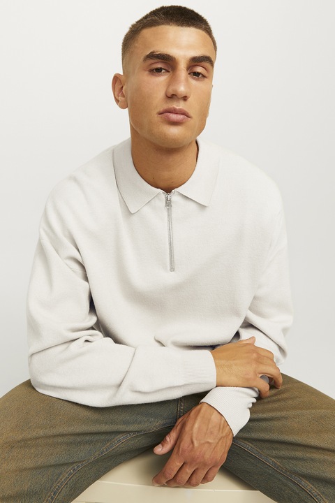 Jack & Jones, Пуловер с яка с къс цип, Бял